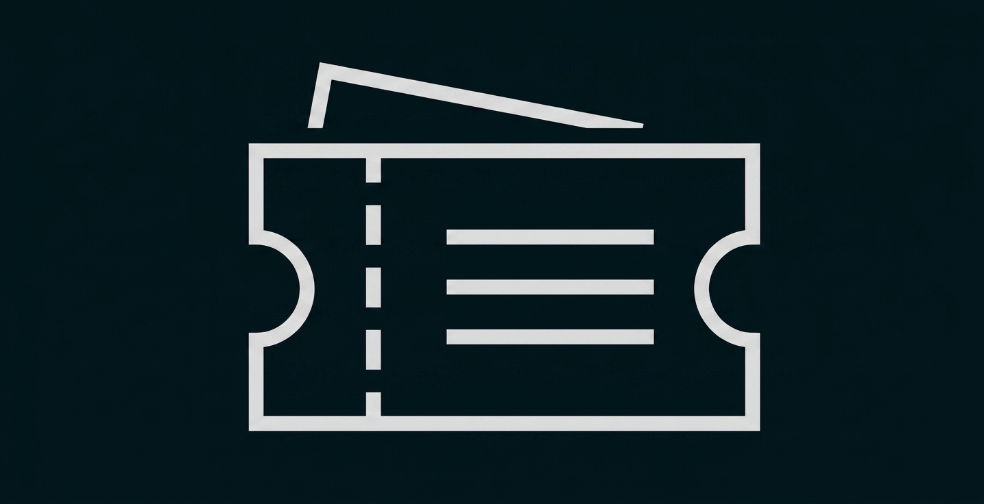Ticket-Symbol (schwarz-weiß) mit Perforationslinie und Textstreifen